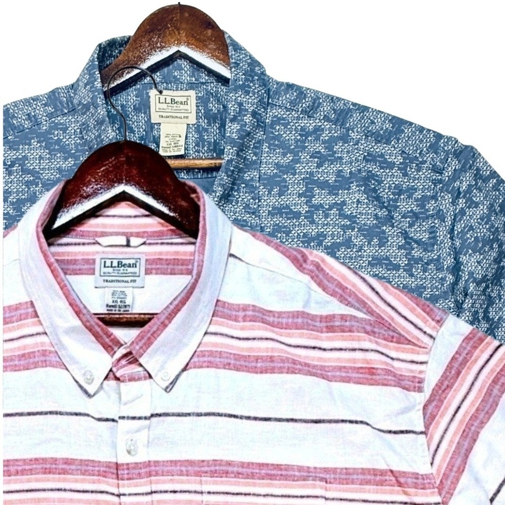 LL Bean Mens‎ XXL Reg Traditional Fit Striped Hemp Blend SS Camp Shirts